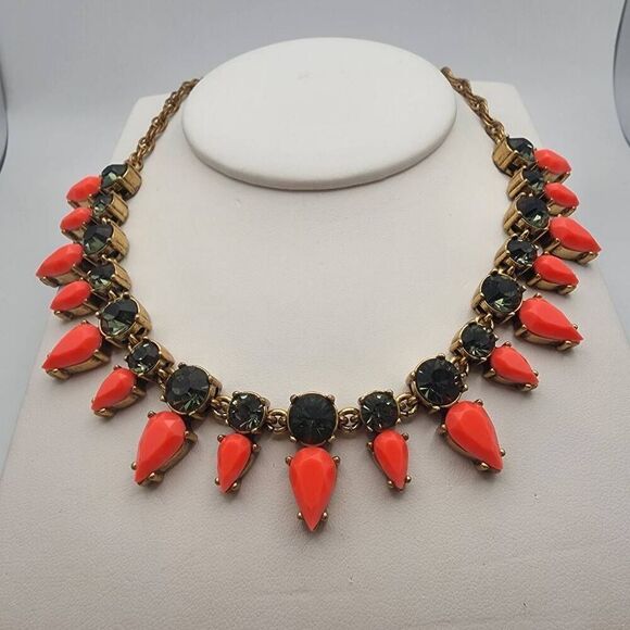 J. Crew Gold Tone Coral & Green Rhinestone Statement Necklace - Picture 3 of 5